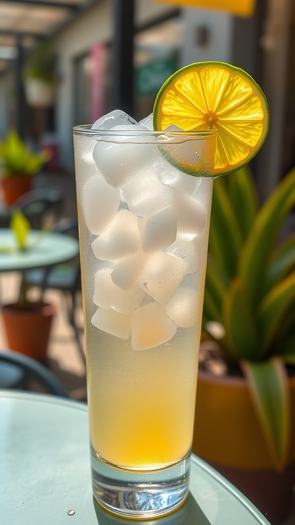 Refreshing Rum and Tonic cocktail in a tall glass with ice and lime garnish, set against a sunny patio backdrop.